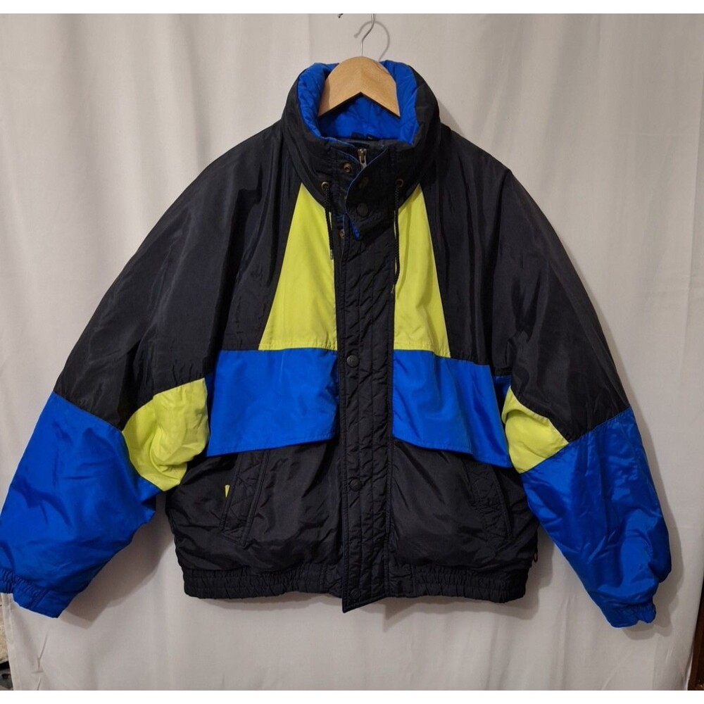Vintage 90s MIGHTY-MAC Duck Down Colorblock Hooded Puffer Ski Jacket XL Black